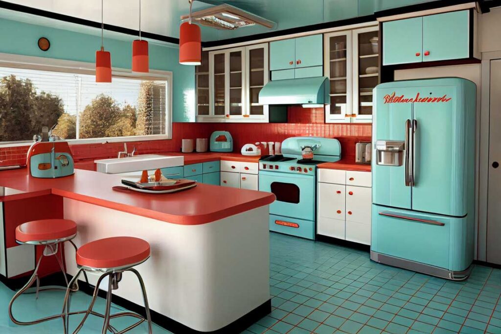 Retro kitchen with turquoise cabinets, red countertops, a vintage-style stove and refrigerator, and diner stools.