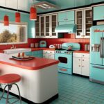 Mint green retro kitchen with mint green stove and refrigerator.