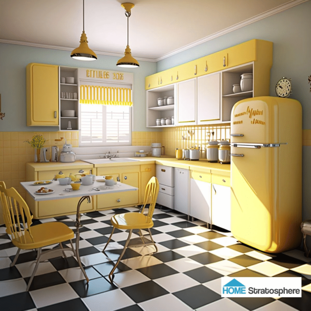 Yellow retro kitchen with yellow diner chairs, a wooden table, checkered floor, and a vintage-style yellow refrigerator.