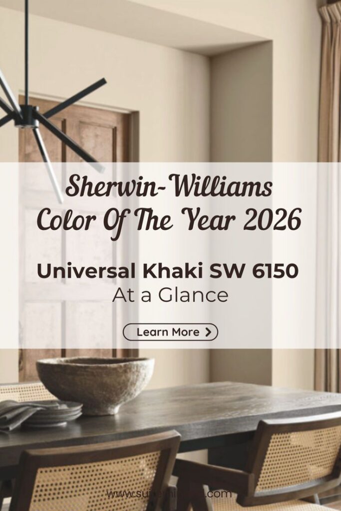 The image is an advertisement announcing the Sherwin-Williams 2026 Color of the Year, Universal Khaki SW 6150. This mid-tone neutral is described as a warm, versatile, and timeless shade. 