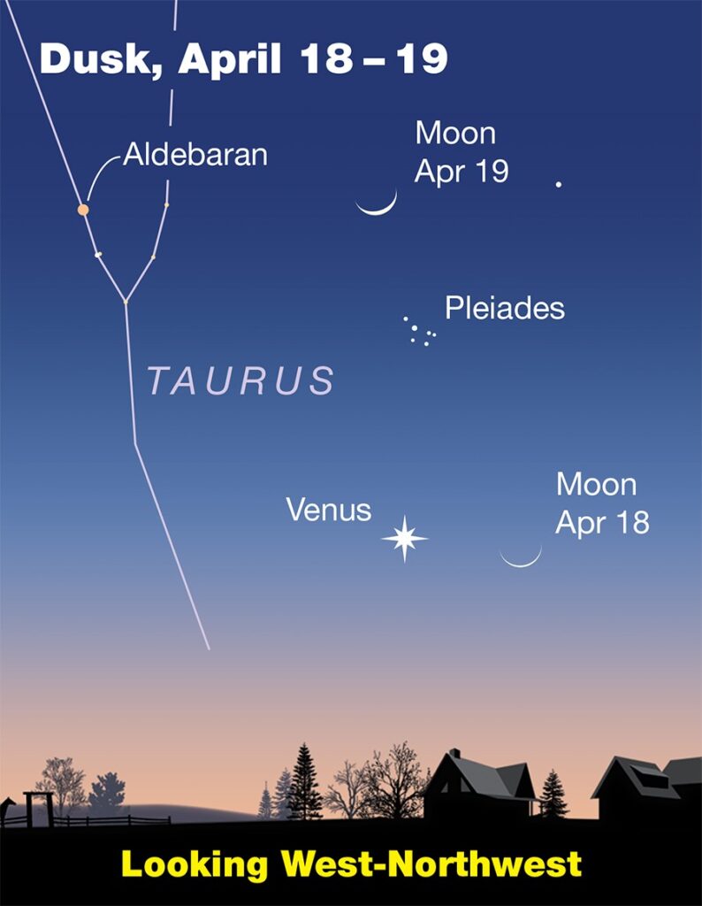 Sky chart for April 18-19 at dusk showing Taurus constellation, Venus, Aldebaran, Pleiades, and crescent moons over a silhouetted landscape.