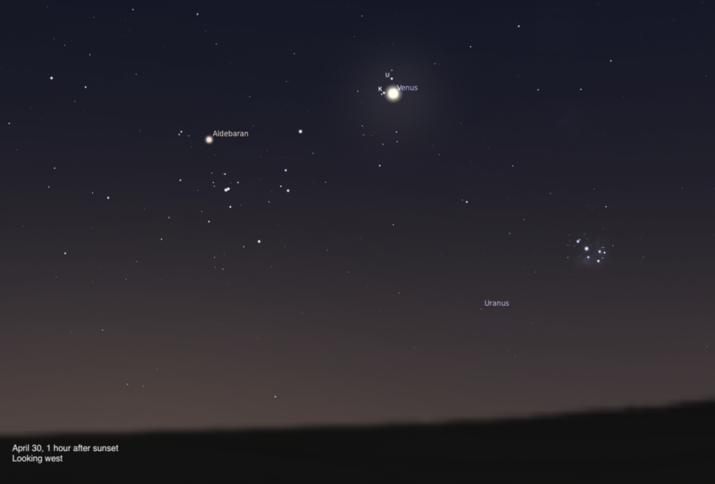 Night sky with labeled stars and planets: Aldebaran, Venus, Uranus. Text reads "April 30, 1 hour after sunset, Looking west."