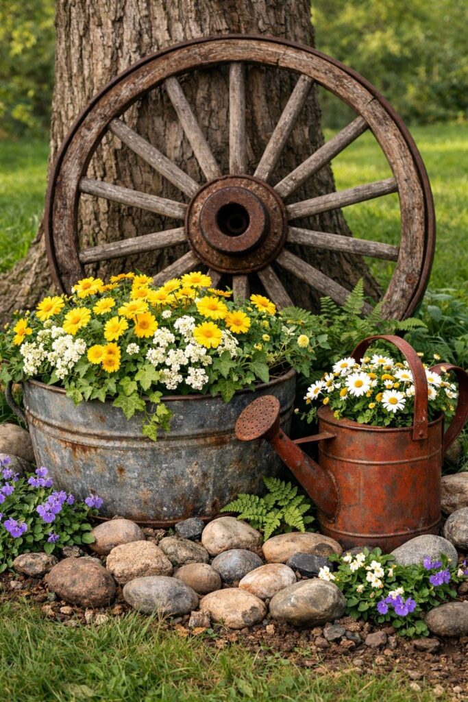 A rustic garden scene features an old wooden wagon wheel leaning against a large tree trunk. In front of the wheel sits a weathered, galvanized metal tub overflowing with bright yellow and white flowers. Beside it is a rusted metal watering can, also filled with small white and yellow daisies. The base of the display is surrounded by smooth river stones and patches of purple and white flowers growing in the grass.