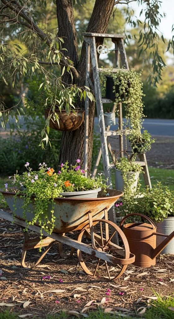 A rustic, sun-dappled garden scene features an old, weathered metal wheelbarrow repurposed as a planter, filled with green foliage and delicate purple and orange flowers. Beside it sits a vintage, rusty watering can and a tall wooden step ladder leaning against a tree. The ladder serves as a tiered plant stand, holding several potted trailing plants that drape down its rungs. The ground is covered in dry leaves and mulch, and a large tree with drooping eucalyptus-like branches frames the background, creating a charming, country-style garden display.