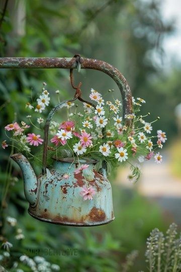 An aesthetically pleasing, vintage-style photograph featuring a weathered, light-blue enamel teapot repurposed as a hanging planter.The kettle is heavily rusted with patches of brown corrosion, giving it a rustic, antique appearance. It hangs from a curved, rusted metal rod and is filled with a vibrant bouquet of small white and pink daisies. The background is a soft, out-of-focus garden setting with lush green foliage and a gentle, natural light that creates a serene and whimsical atmosphere.