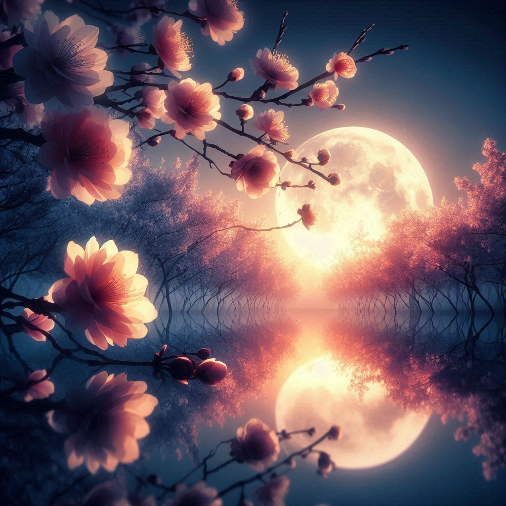 Blossoming branches with pink flowers against a glowing full moon, reflected in tranquil water. Dreamy, serene night scene.