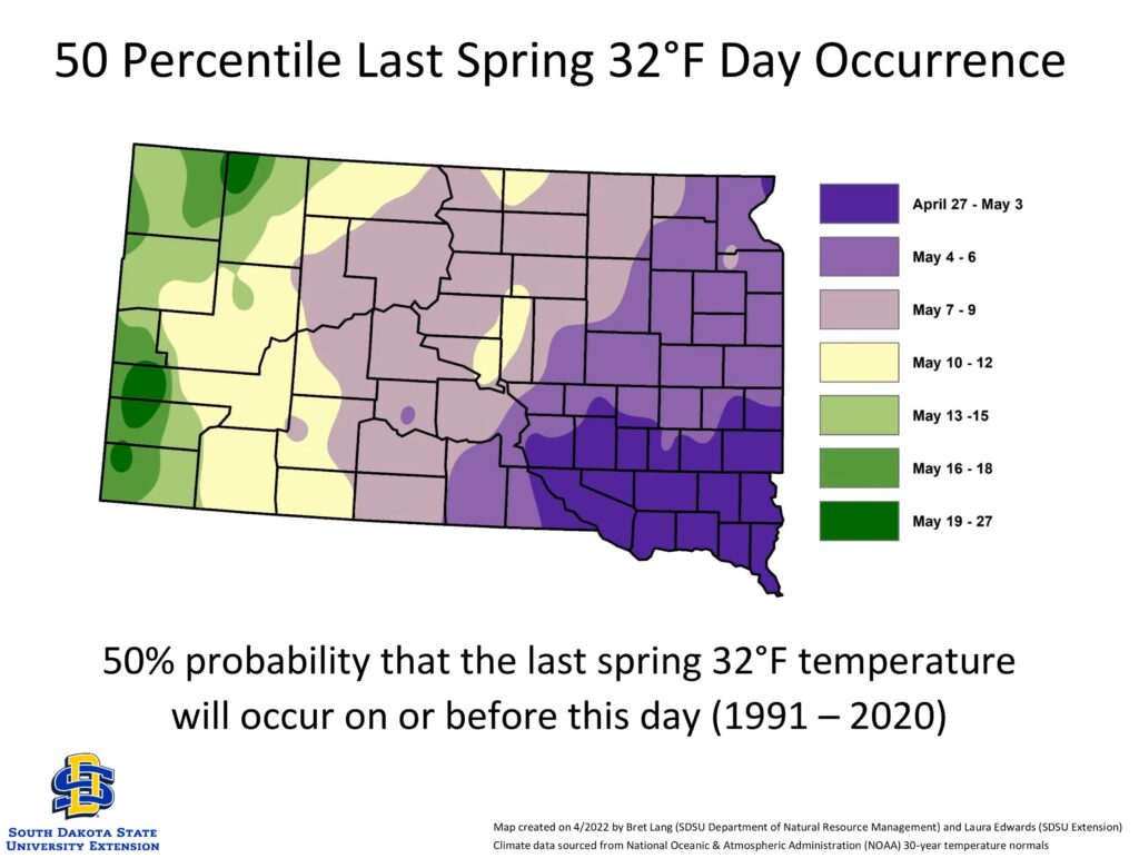 Map of South Dakota showing last frost dates throughout the state with Tripp County being between May 4th to 6th as the late frost date in the garden this week.