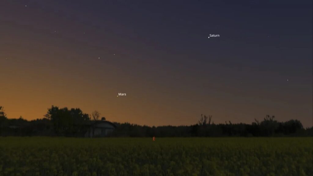 Twilight sky over a dark field with labels for Mars, Saturn, and E; stars dot the dusk horizon in a calm, orange-purple glow
