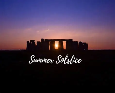 Stonehenge silhouette at sunset with the sun through the stones, overlaid text: Summer Solstice.