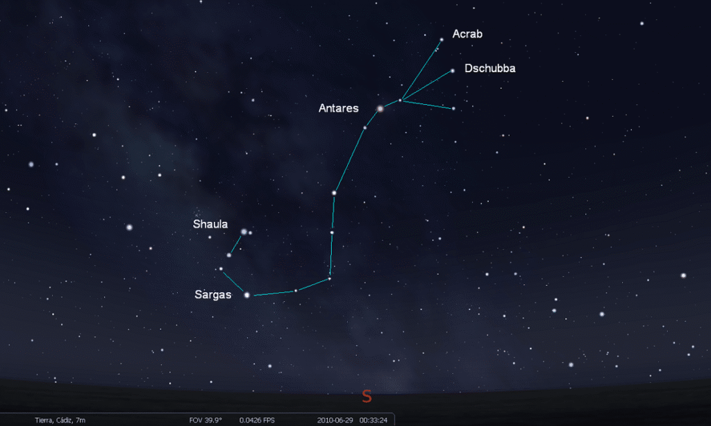Star map of Scorpius with cyan lines linking Antares, Acrab, Dschubba, Shaula and Sargas over a dark sky.