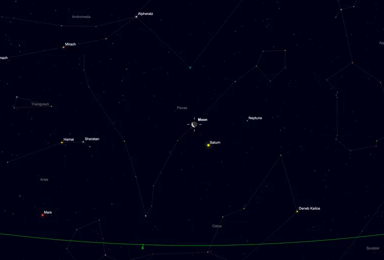 Dark star map showing Moon near Saturn and Neptune, with constellation lines and labels like Pisces, Aries, Mars, and Andromeda.
