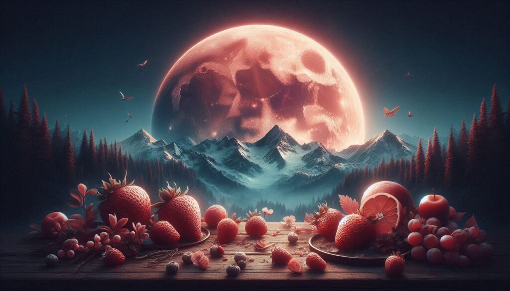 Surreal still life of strawberries, citrus and apples on a table before snowy mountains and a giant glowing moonlit earth.