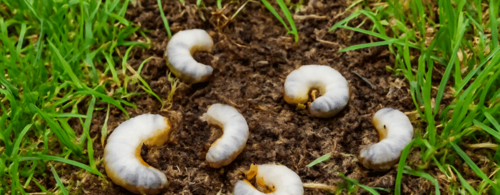 An overhead, close-up shot shows several thick, C-shaped white grubs with light brown heads resting on dark, moist soil. The grubs are scattered across a patch of earth that is partially bordered by vibrant green blades of grass.