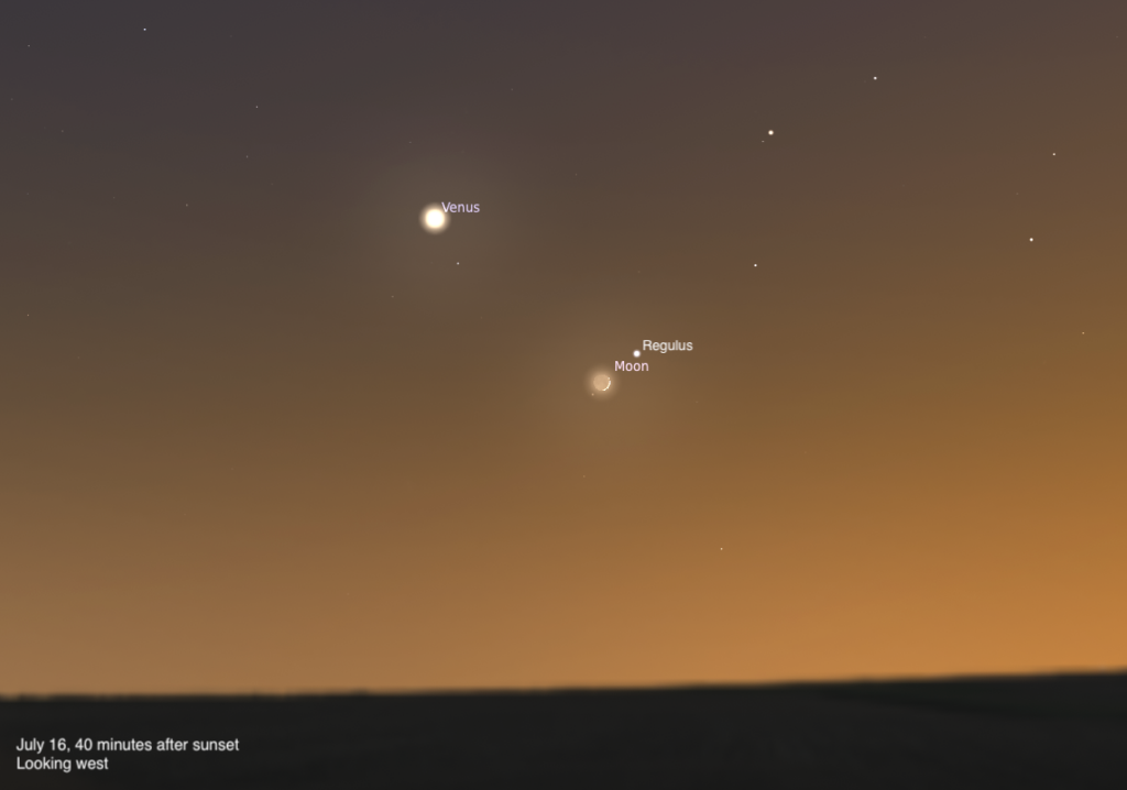 Twilight sky with labeled Venus, Moon, and Regulus above a dark horizon; July 16, 40 minutes after sunset, looking west.