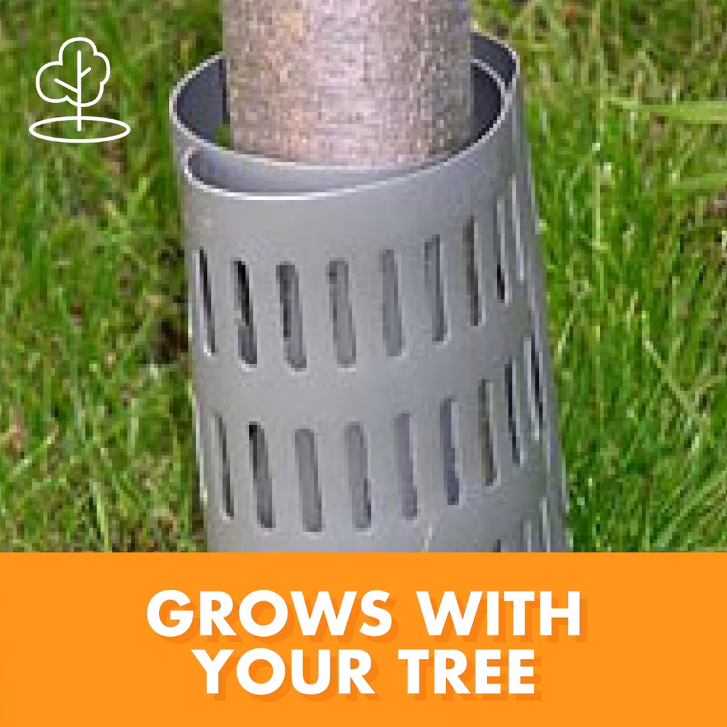 The product shown in the image is an EasyFlex Plastic Tree Trunk Protector (also marketed under brands like ProFlex and Dimex), which is used to shield young trees and saplings from yard damage.