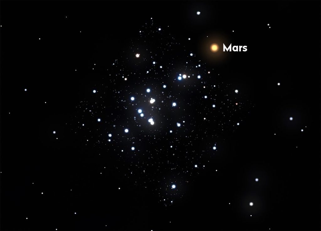 Star field with a bright cluster and labeled orange Mars near the upper right on a black space background in the night sky this week.