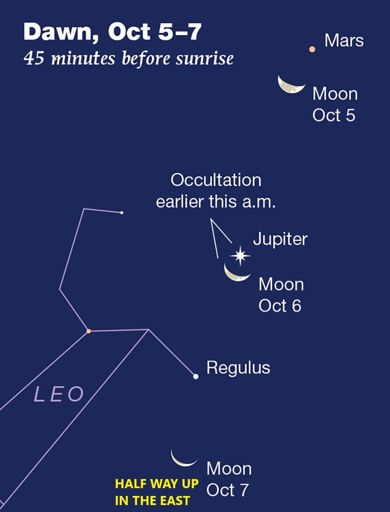 Sky chart of dawn Oct 5-7 showing Moon, Jupiter, Mars, and Regulus in Leo, with occultation and half way up in east.