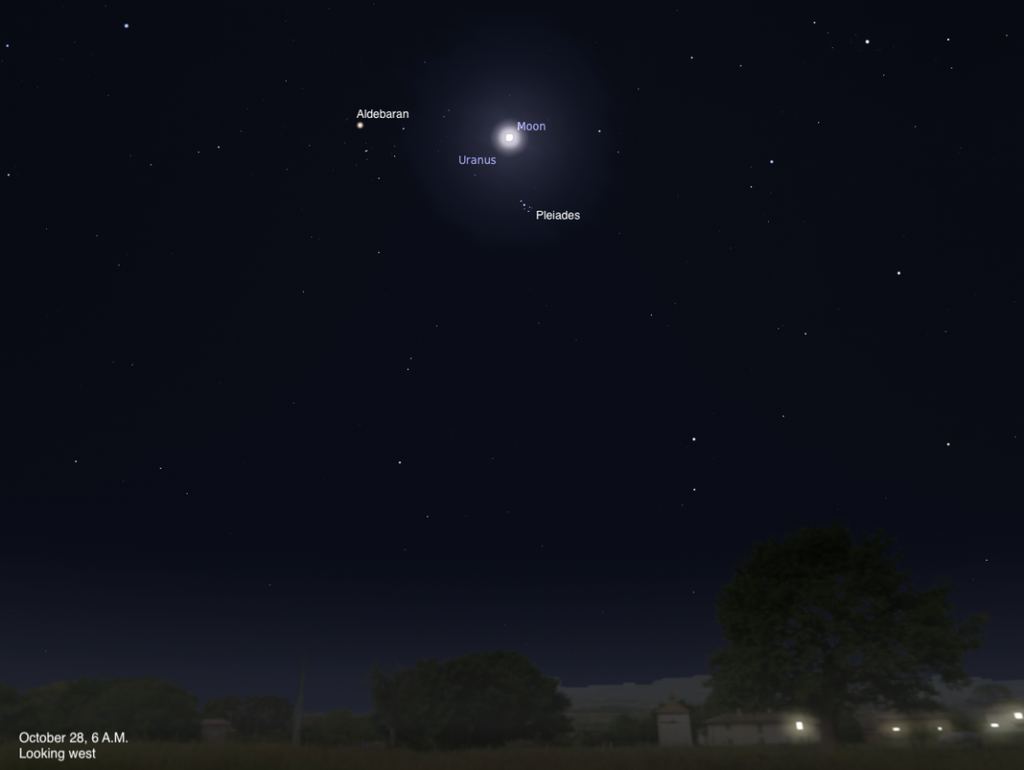 Starry dawn sky with labeled Moon, Uranus, Aldebaran and Pleiades above trees; text says October 28, 6 A.M., looking west